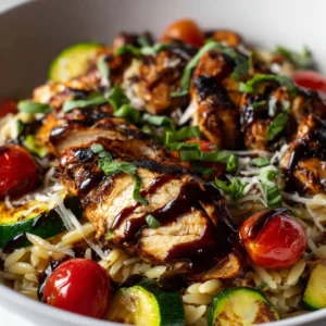 A close-up shot of a forkful of healthy balsamic chicken orzo, showing the juicy chicken, tender pasta, and fresh vegetables.