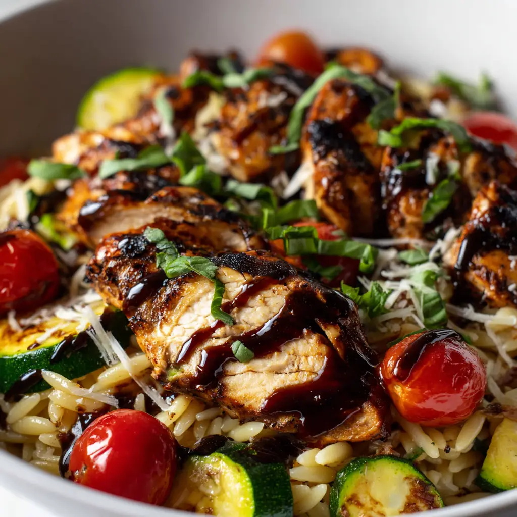 A close-up shot of a forkful of healthy balsamic chicken orzo, showing the juicy chicken, tender pasta, and fresh vegetables.