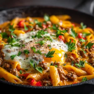 A rustic black skillet filled with a hearty ground beef and tomato sauce, a key step in making this healthy beef pasta dish.
