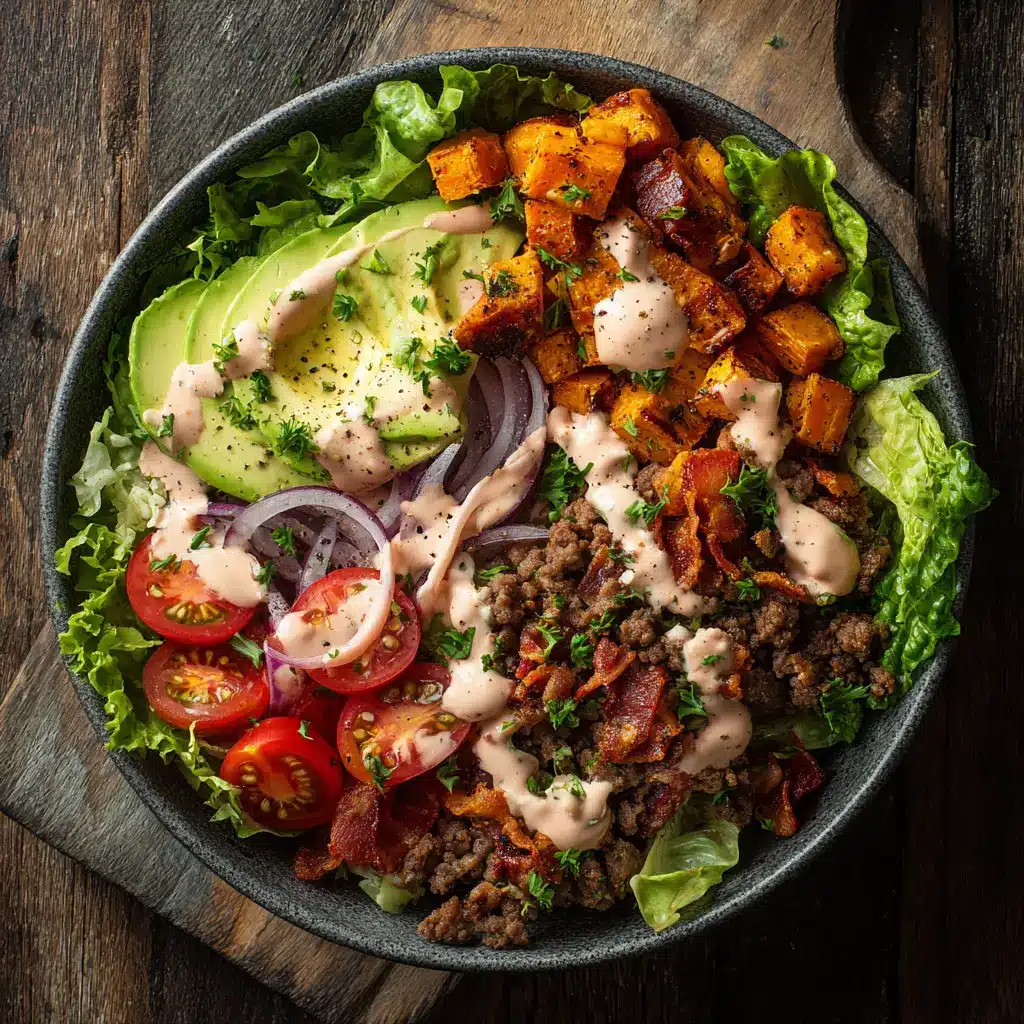 A healthy burger bowl beautifully arranged in a white bowl. This deconstructed burger bowl is paleo-friendly and perfect for a clean eating lifestyle.