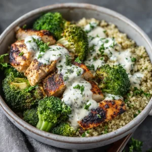 An overhead view of a fully assembled healthy chicken and broccoli recipe, showing the vibrant green broccoli and perfectly grilled chicken.