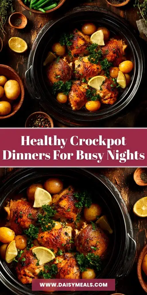 A beautiful overhead shot of healthy crockpot chicken stew in a white bowl, surrounded by fresh herbs. A perfect example of healthy crockpot recipes.