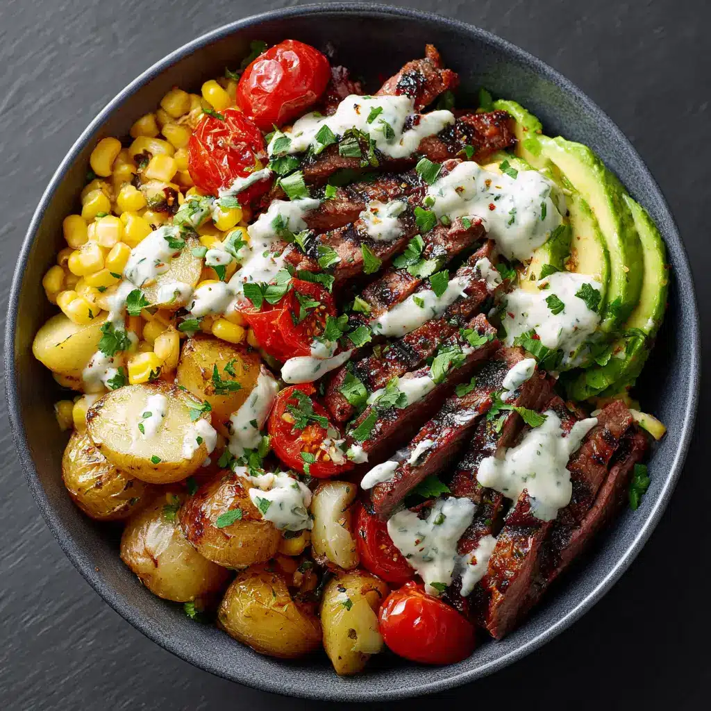 A close-up view of a healthy flank steak bowl with juicy, sliced steak, fresh avocado, and corn salsa on a bed of rice.
