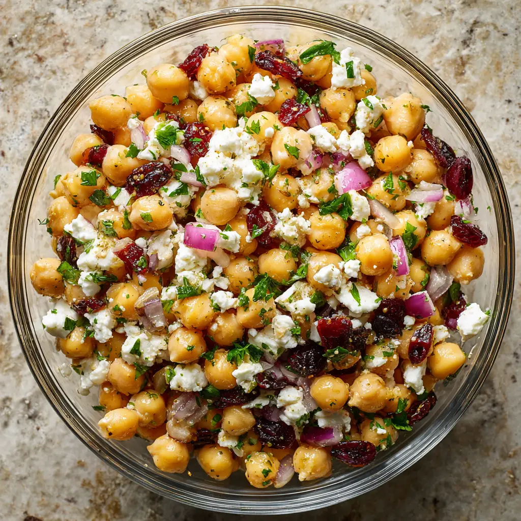 A bright bowl of Mediterranean-style chickpea salad with lemon dressing, red onions, and fresh herbs.