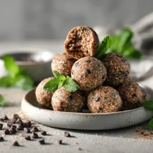 A close-up shot of several mint chocolate chip energy balls, highlighting the texture from the oats and chocolate chips.