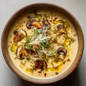 A top-down macro shot of a creamy beige ratatouille soup in a rustic bowl, showing the smooth texture and vegetable flecks. This healthy vegetable soup is easy to make.