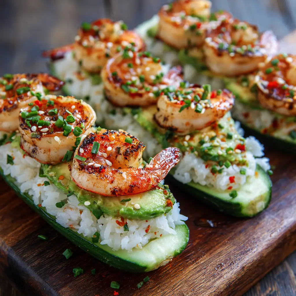 A close-up shot of a healthy shrimp avocado salad being scooped into a hollowed-out cucumber boat.
