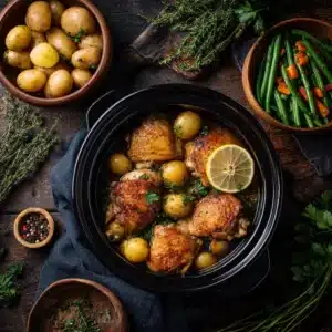 An overhead flat lay of a rustic dinner scene featuring a healthy slow cooker meal. The table is set with bowls of crockpot chicken stew.