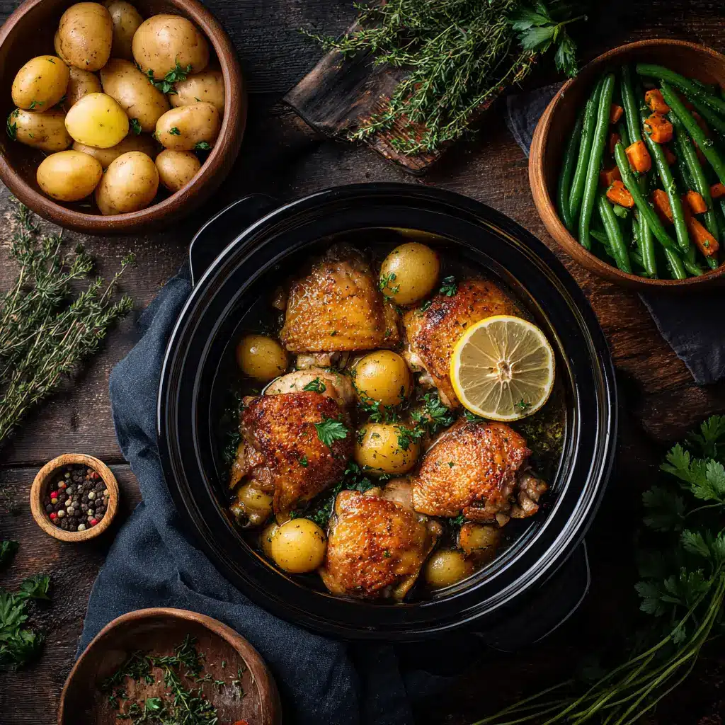 An overhead flat lay of a rustic dinner scene featuring a healthy slow cooker meal. The table is set with bowls of crockpot chicken stew.