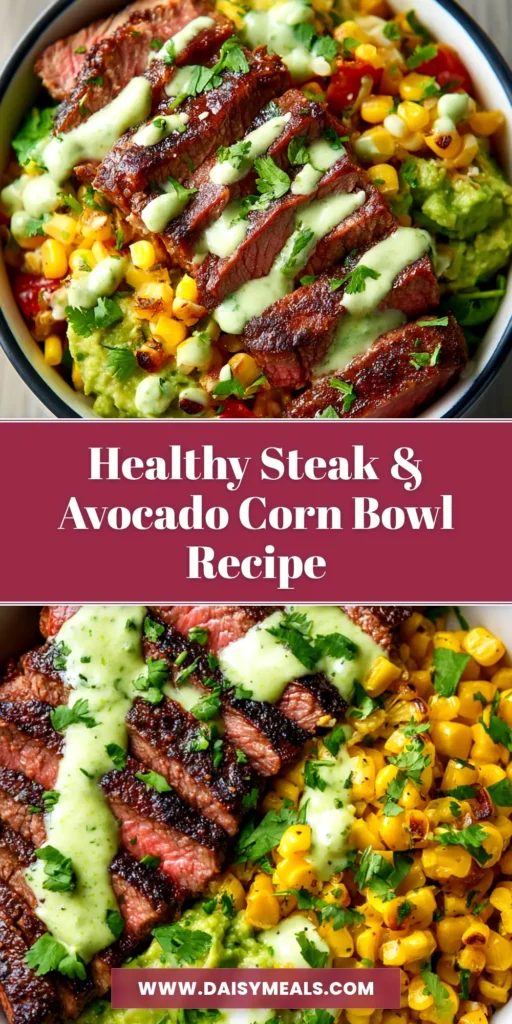 A delicious and healthy steak bowl recipe loaded with juicy sliced steak, colorful peppers, corn, and avocado on a bed of rice. Perfect for a quick weeknight dinner.