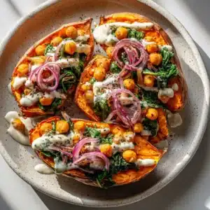 Three healthy stuffed sweet potatoes shown side-by-side, showcasing the savory black bean and spiced chickpea filling before the sauce is added.