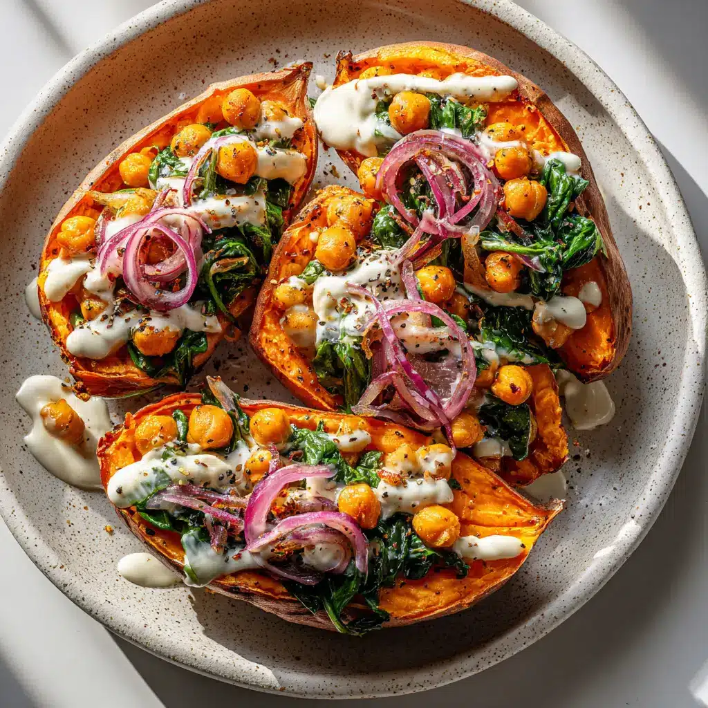 Three healthy stuffed sweet potatoes shown side-by-side, showcasing the savory black bean and spiced chickpea filling before the sauce is added.