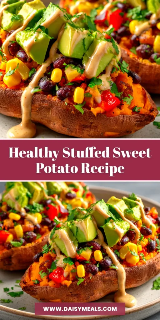 A close-up shot of two perfectly stuffed sweet potatoes with a savory black bean, corn, and avocado filling. A healthy and delicious dinner idea.