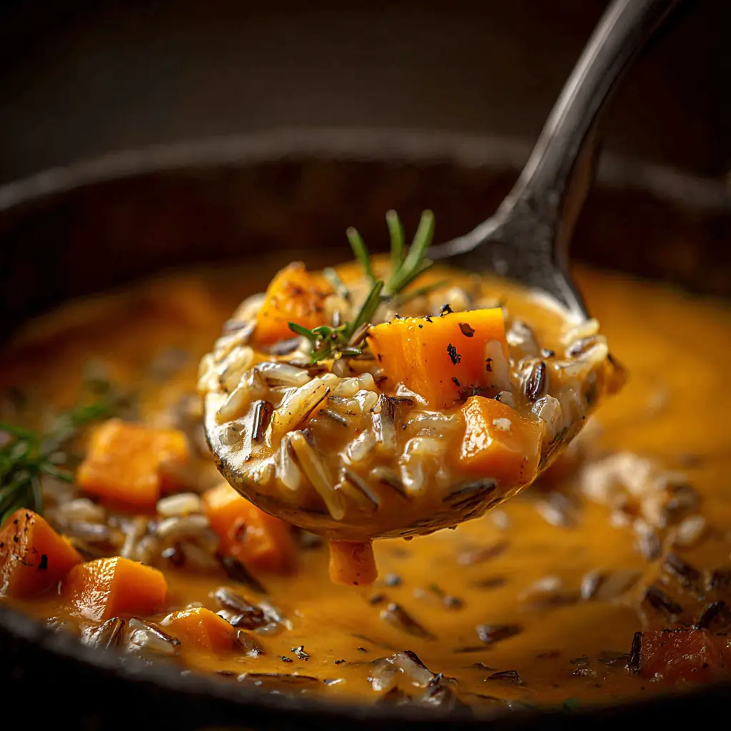 An overhead view of a bowl of vegan pumpkin soup, showcasing the wild rice, kale, and creamy pumpkin broth.