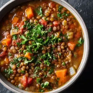 A close-up, top-down view of a delicious and healthy vegetable lentil soup in a rustic bowl, showcasing the rich texture and ingredients.