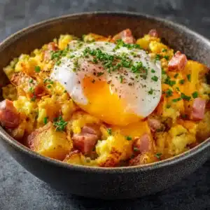 A close-up shot of the cheesy egg and potato skillet, showing the fluffy texture of the eggs and perfectly cooked potatoes.