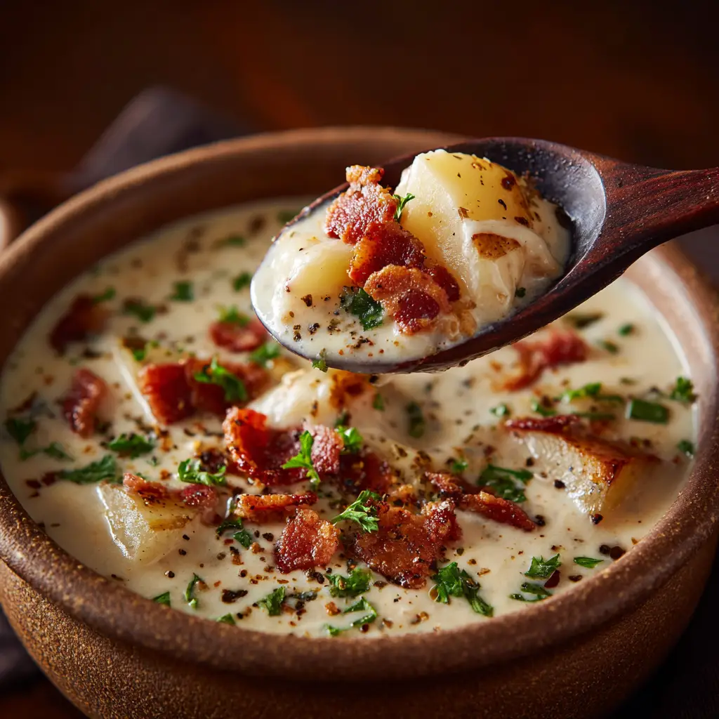 A hearty bowl of loaded potato soup garnished with bacon bits, cheddar, and green onions.