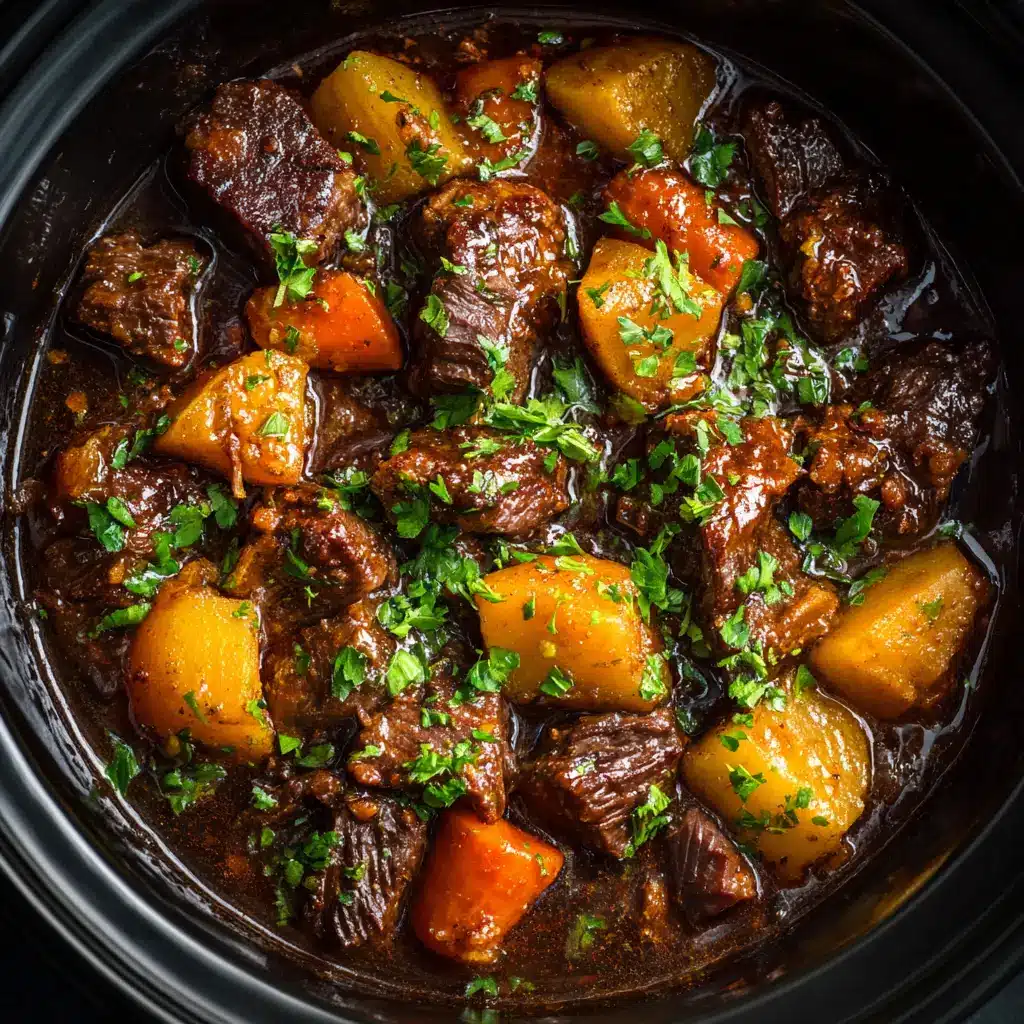 An extreme close-up overhead shot of hearty slow cooker beef stew, showing the rich texture of the gravy and tender chunks of beef and carrots.