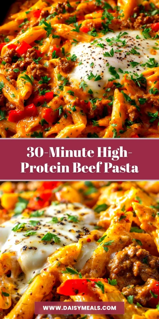 High-Protein Beef Pasta (Easy, Macro-Friendly Recipe!) 3 A close-up shot of a white bowl filled with creamy high-protein beef pasta, garnished with fresh parsley. The perfect healthy and easy weeknight dinner.
