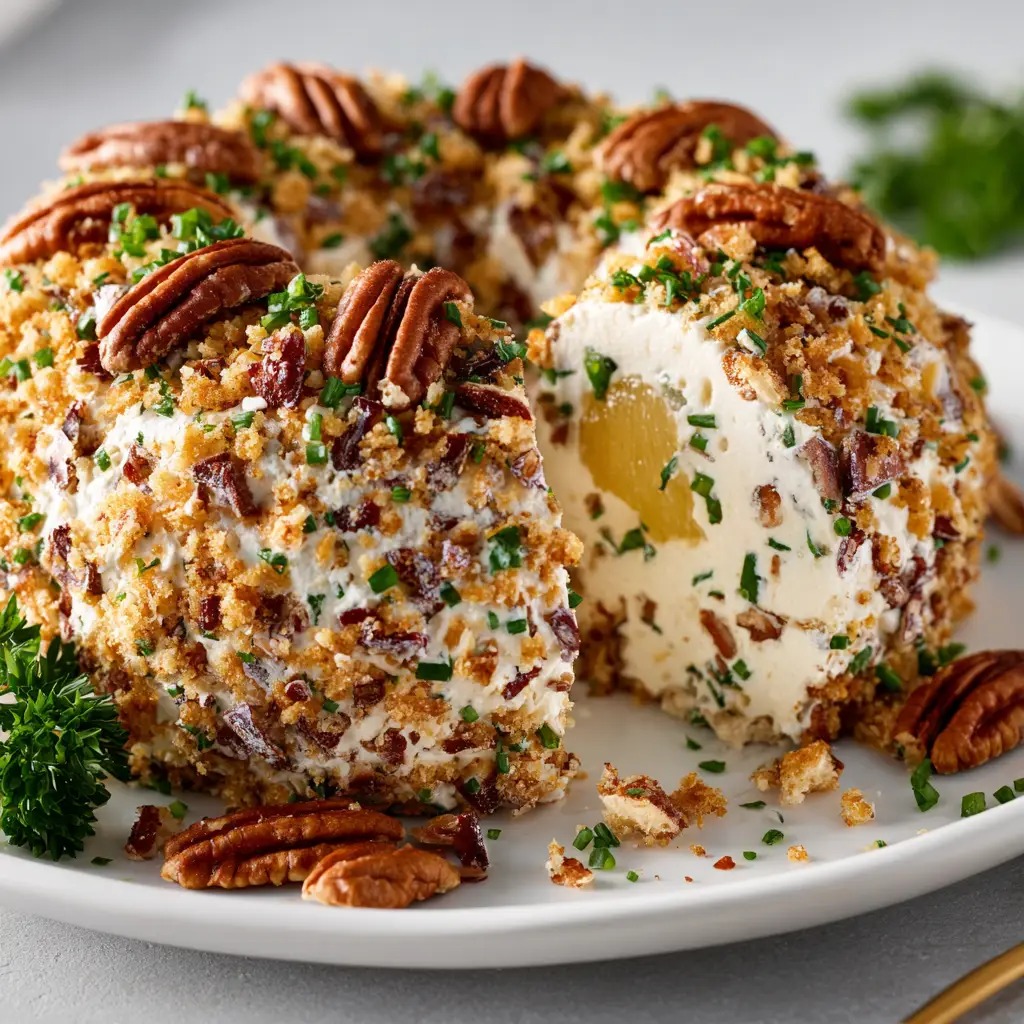 A beautifully decorated holiday cheese ball wreath on a rustic wooden board, ready to be served.