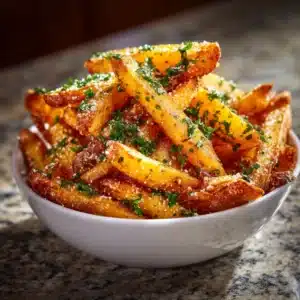 A close-up shot of homemade air fryer french fries seasoned with salt and herbs, showcasing their crispy texture.