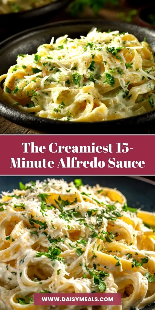 A jar of creamy homemade alfredo sauce next to a bowl of fettuccine alfredo. The easy recipe is perfect for a quick dinner.