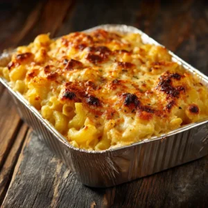 A scoop of homemade baked mac and cheese on a spoon, highlighting the gooey, melted cheese sauce and perfectly cooked pasta.