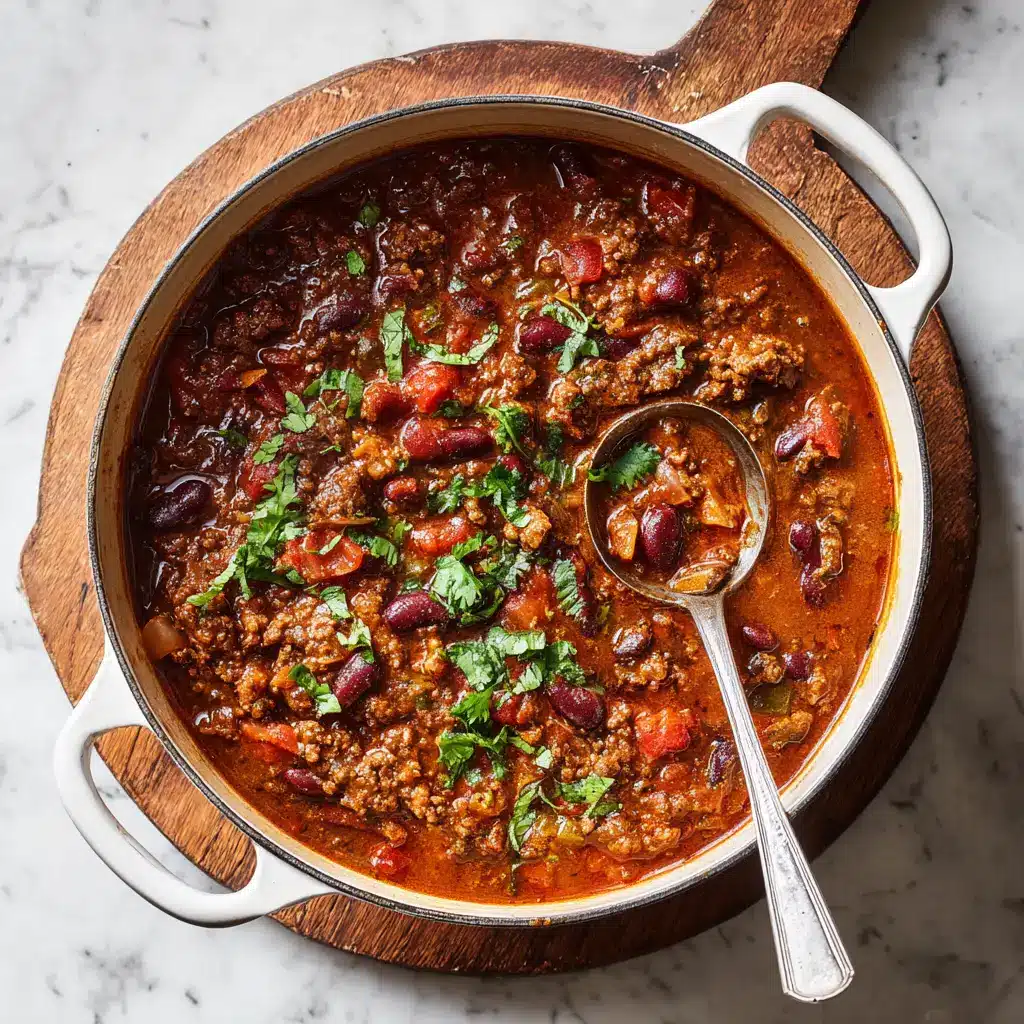 An overhead view of a large pot of homemade chili simmering on the stove, surrounded by ingredients like tomatoes, onions, and spices.
