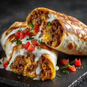 An extreme close-up of a homemade beefy melt burrito, highlighting the cheesy filling and seasoned ground beef.