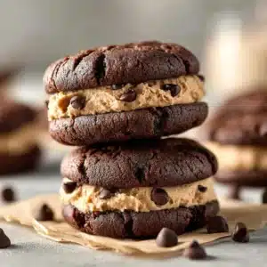 Three homemade brownie cookie dough sandwich cookies arranged neatly on a serving platter.