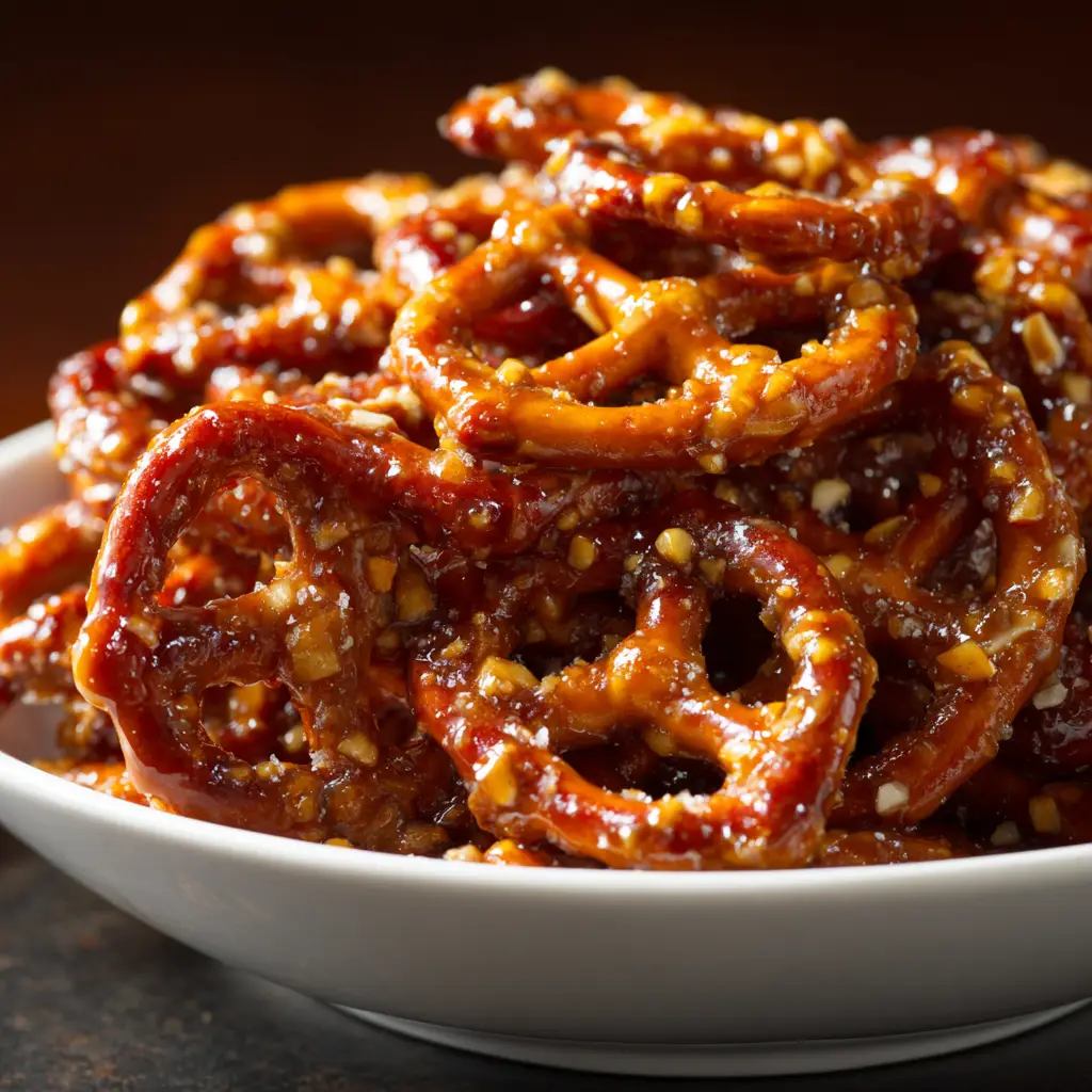 An extreme close-up shot of a piece of butter toffee pretzel, showing the crunchy pretzel texture under the layers of rich toffee and smooth chocolate.