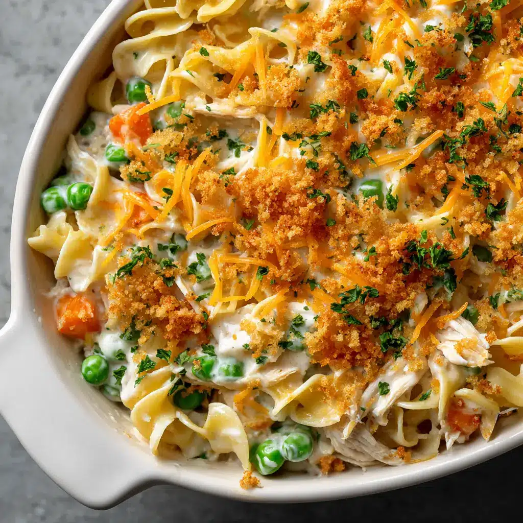 A serving of homemade chicken noodle casserole on a plate, garnished with fresh parsley for a pop of color.