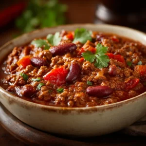 An extreme close-up of hearty homemade chili simmering in a pot, showcasing the rich texture of the ground beef, beans, and tomato sauce.