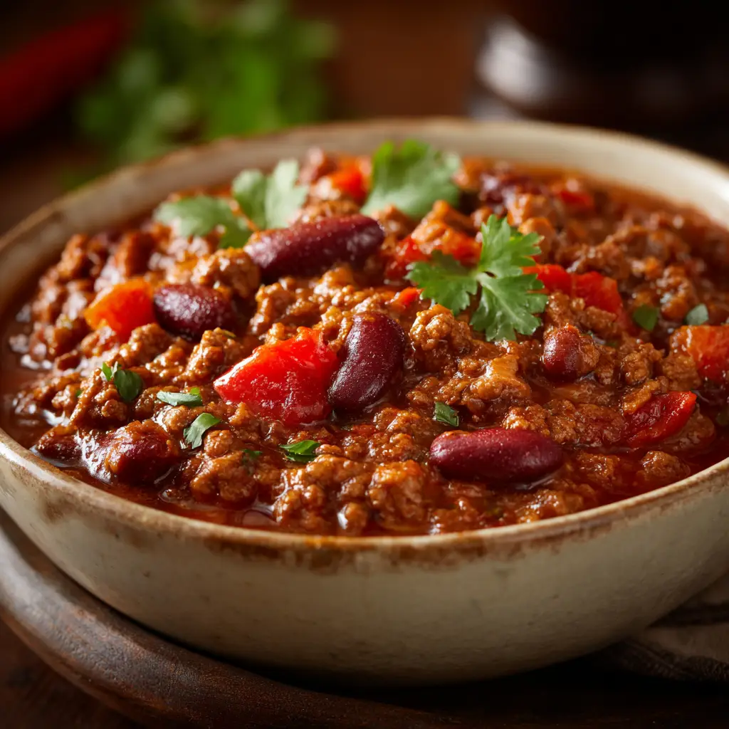 An extreme close-up of hearty homemade chili simmering in a pot, showcasing the rich texture of the ground beef, beans, and tomato sauce.
