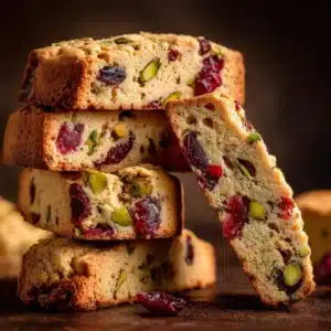 An extreme close-up shot of several thick-sliced cranberry pistachio biscotti, showing the crunchy texture and vibrant colors.