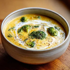A close-up shot of a white bowl filled with creamy homemade broccoli cheddar soup, showing the rich texture and pieces of tender broccoli.