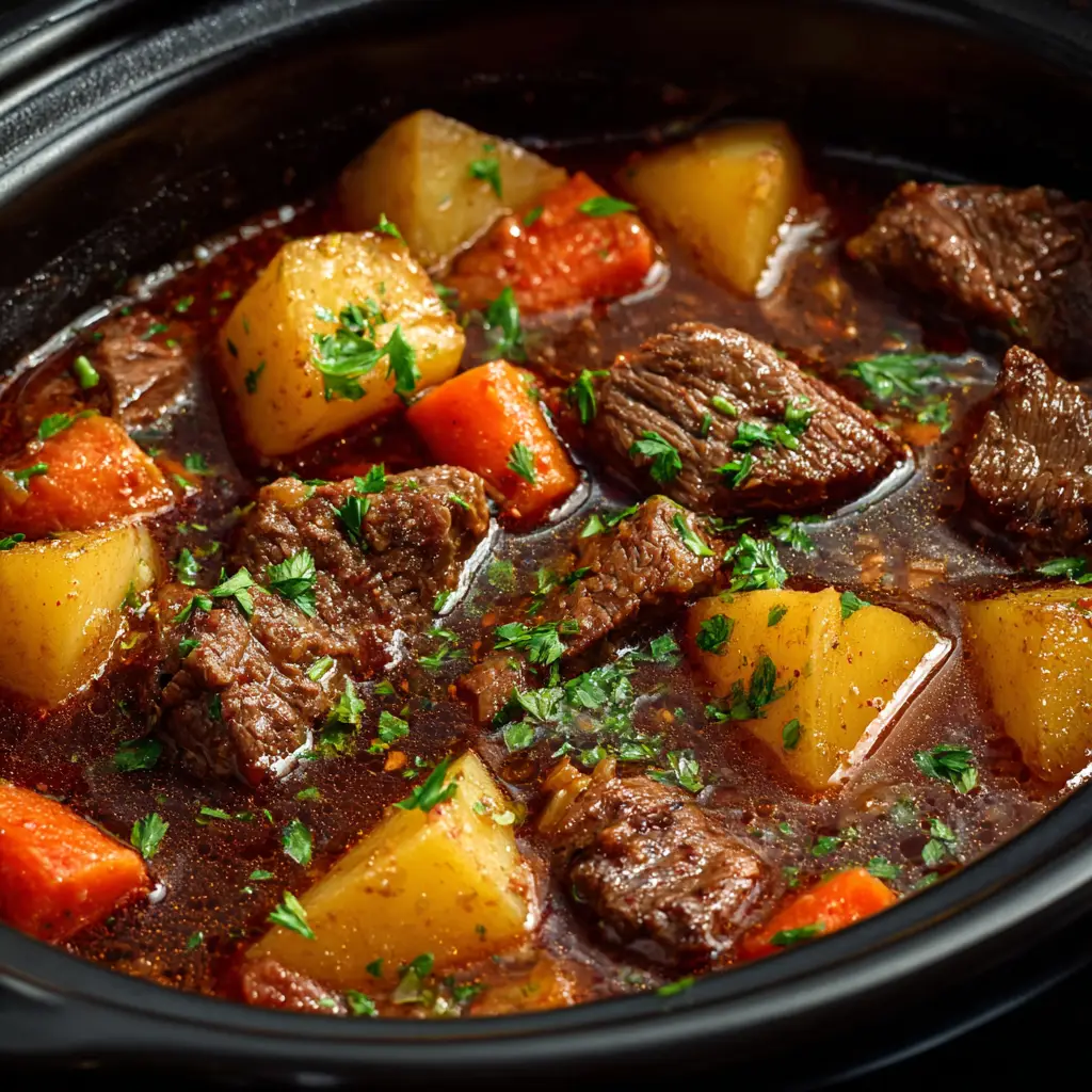 A beautiful bowl of homemade beef stew with potatoes and fresh parsley, showcasing the final dish of the Crockpot Beef Stew recipe.