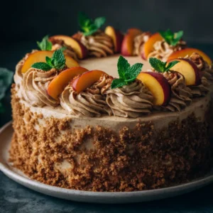 A whole homemade peach cake sitting on a rustic wooden stand, ready to be sliced and served. The cake has a light glaze on top.