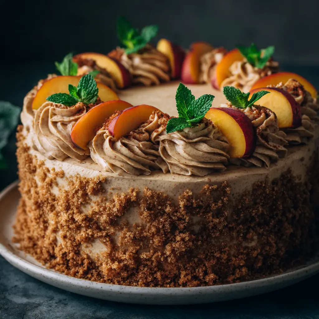 A whole homemade peach cake sitting on a rustic wooden stand, ready to be sliced and served. The cake has a light glaze on top.