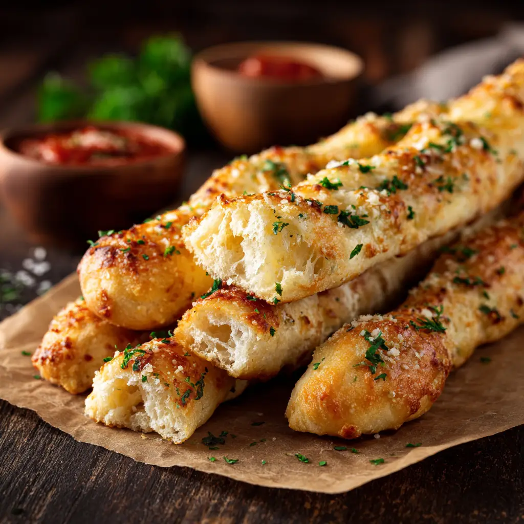 A stack of fluffy homemade garlic breadsticks, inspired by the Olive Garden recipe. They are golden brown and arranged neatly for serving.
