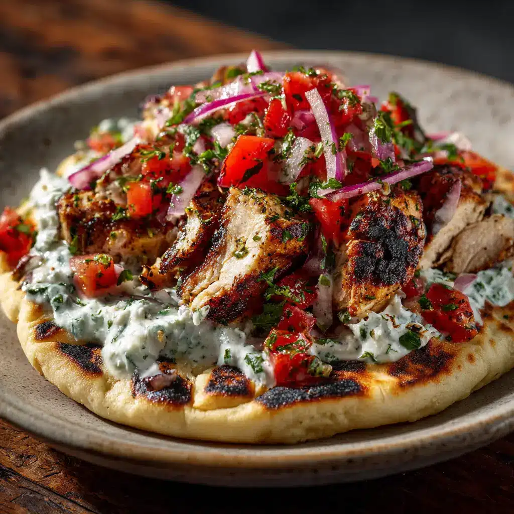 Greek Chicken Gyros (The BEST Authentic Recipe) 2 A vibrant homemade Greek chicken gyro on a warm slate platter, surrounded by fresh ingredients like tomatoes and cucumbers.