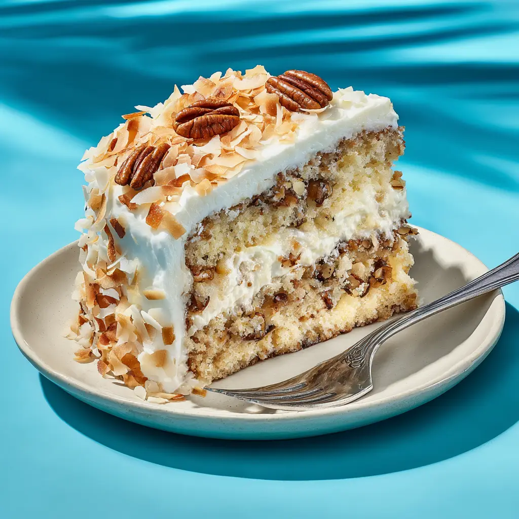 A beautiful homemade Italian cream cake on a cake stand, ready to be served. The cake is frosted with cream cheese frosting and decorated with pecans.