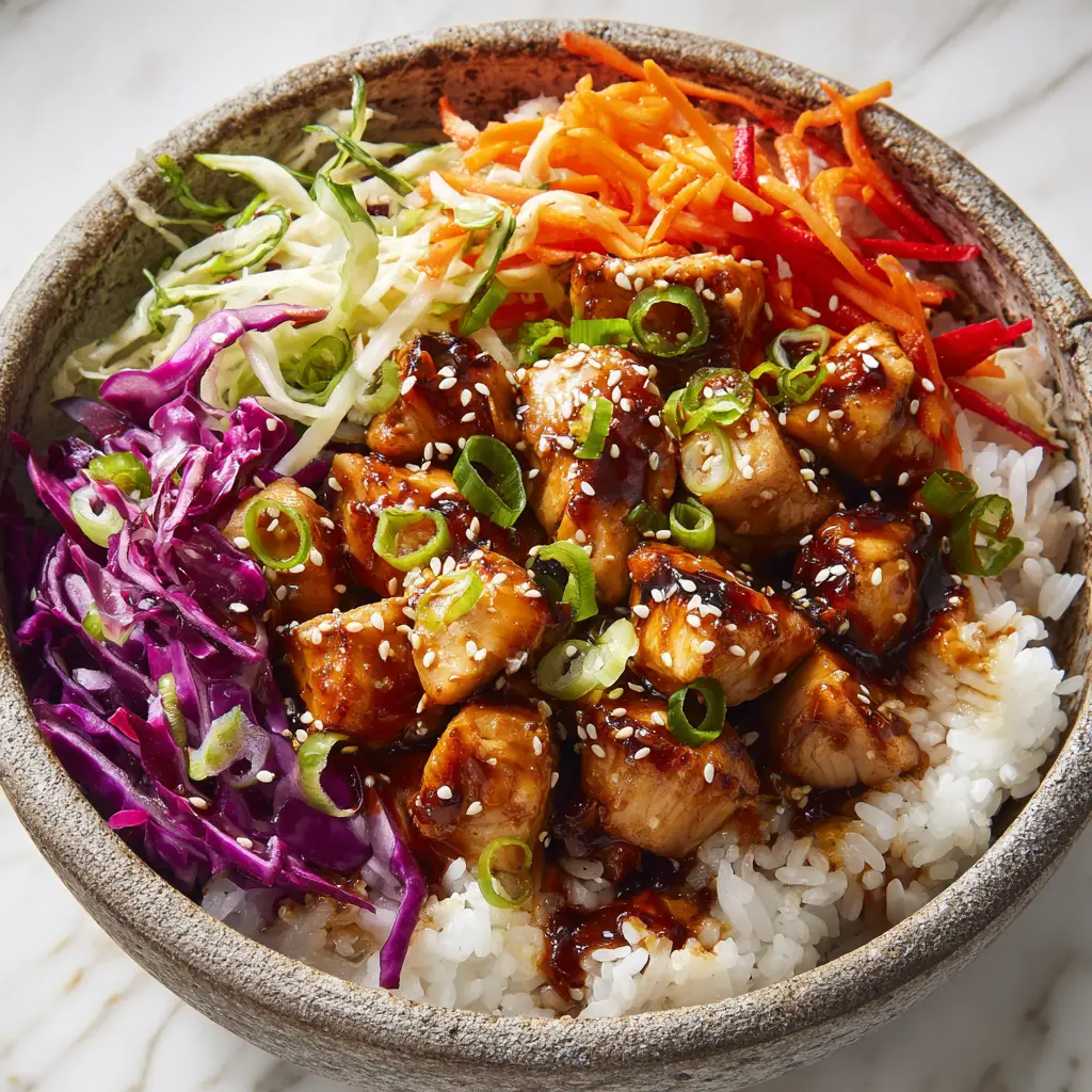 A close-up shot of a Korean BBQ chicken bowl, highlighting the texture of the juicy gochujang chicken and fluffy white rice.