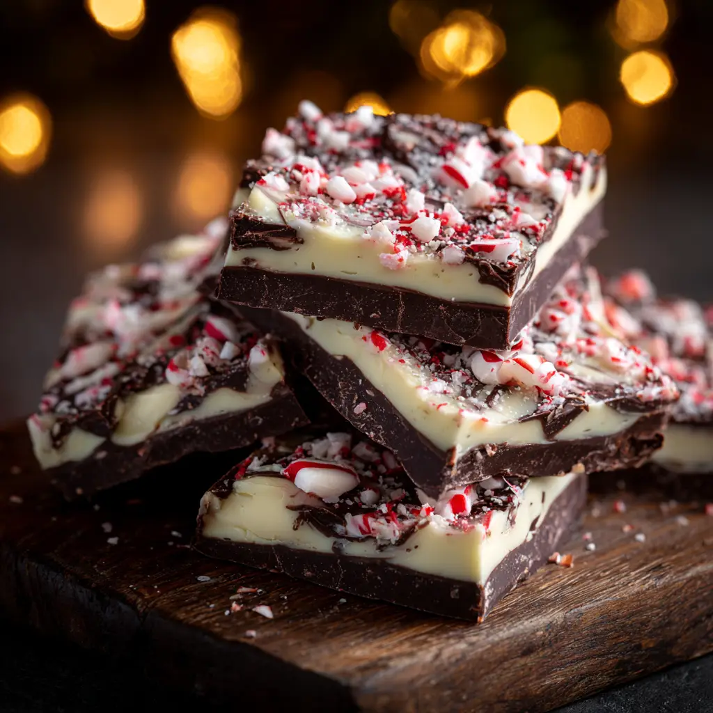 Pieces of homemade chocolate peppermint bark stacked on top of each other, highlighting the snappy, clean layers of dark and white chocolate.