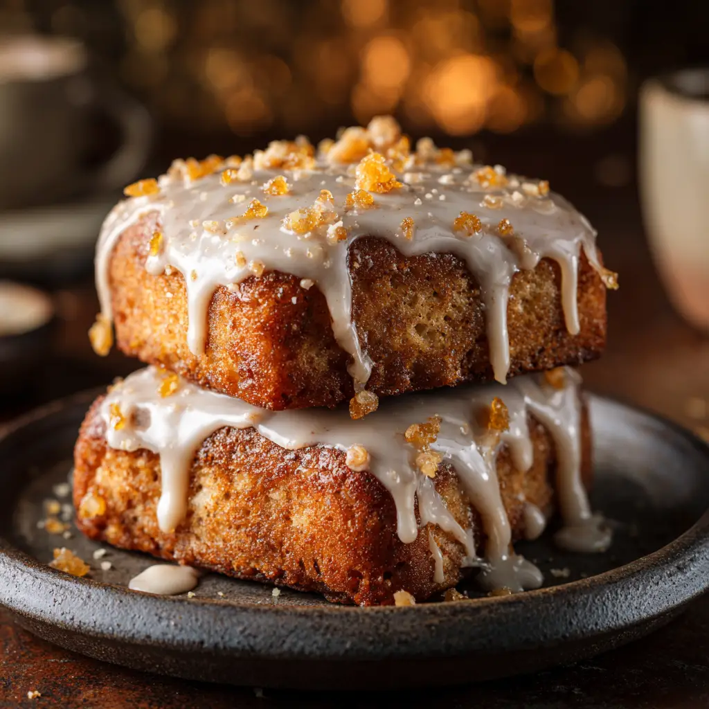 Two homemade maple donut bars stacked, showing the thick, glossy maple glaze on top.