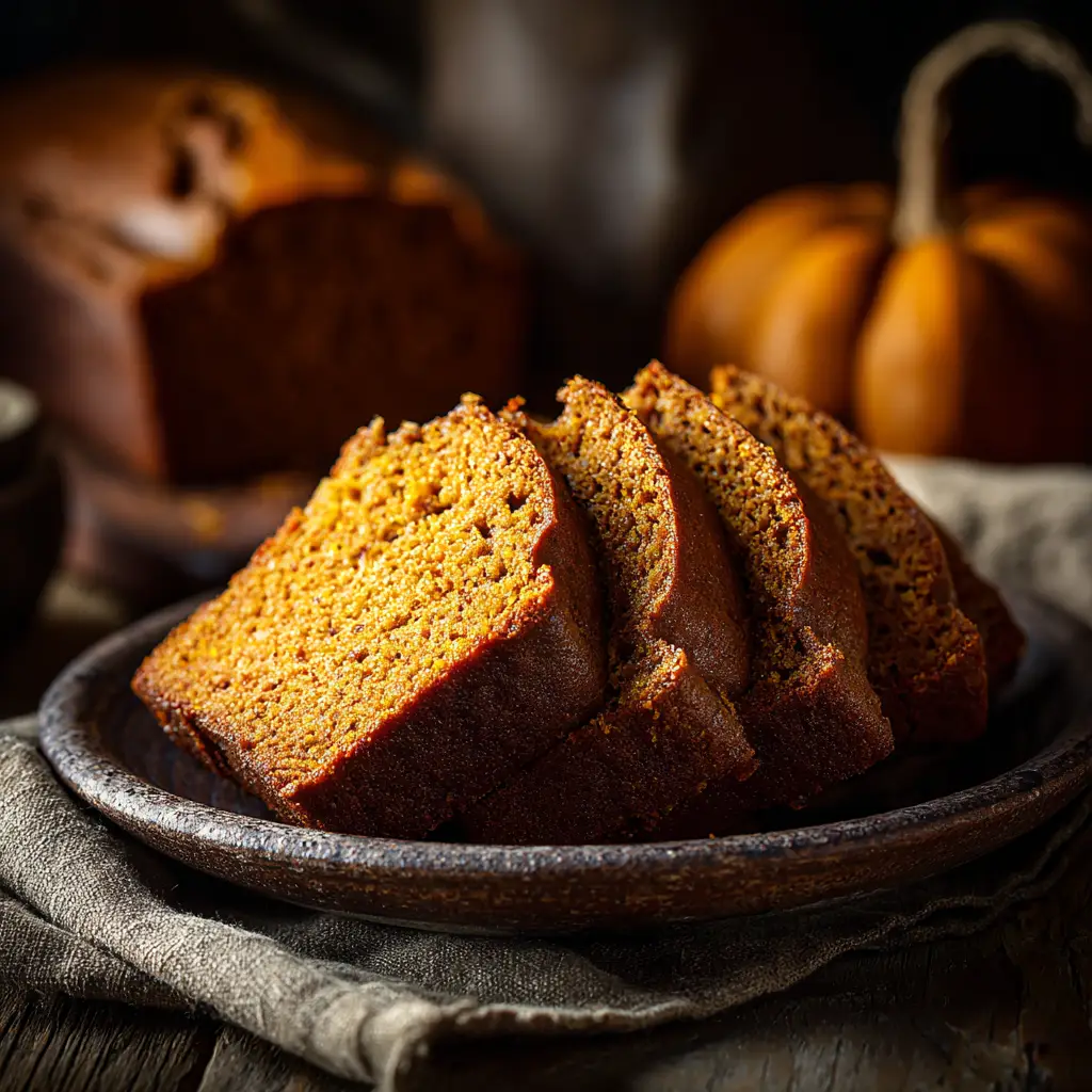 Several thick slices of homemade pumpkin bread arranged on a plate, highlighting the bread's soft and tender texture.