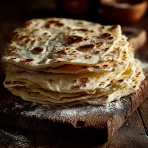 A close-up shot of a tall stack of homemade sourdough discard tortillas, showing their soft, pliable texture.