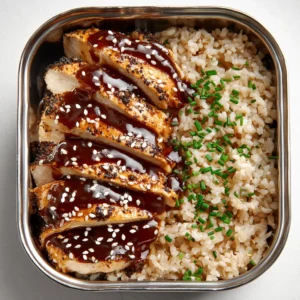 A close-up overhead view of a single Chicken Teriyaki Meal Prep bowl, showing the glossy homemade teriyaki sauce on the chicken with carrots and broccoli.