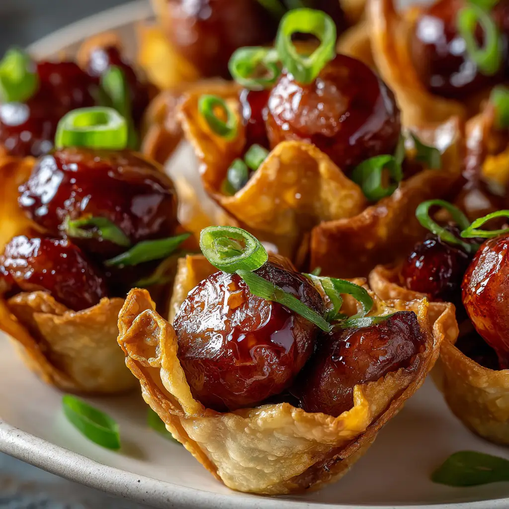 An extreme close-up shot of honey garlic glazed cocktail sausages in a dark bowl, showing the thick, glossy sauce.