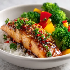 A close-up shot of a healthy salmon bowl with a honey garlic glaze, showcasing the flaky texture of the fish.